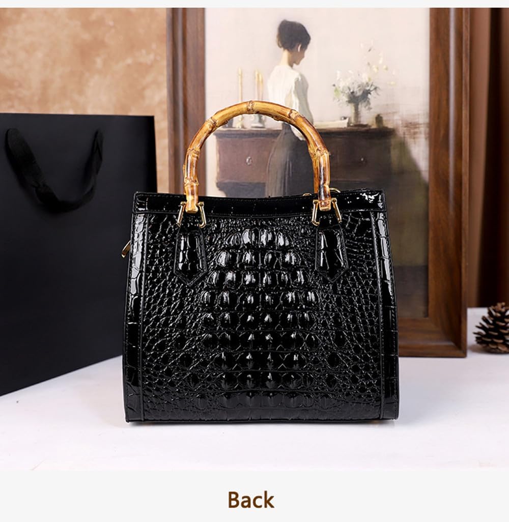 Crocodile Pattern Leather Women's Bag Real Bamboo Top-Handle Satchel Handbags Portable Tote Bag Shoulder Messenger Bags