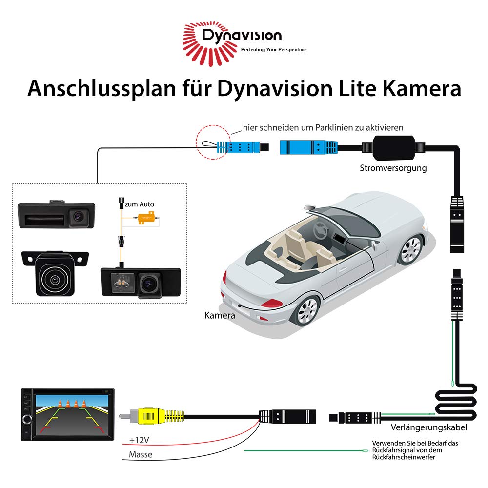 DYNAVISION OEM Kamera | AHD NTSC Rückfahrkamera mit gelbem Licht für VW Golf Passat Tiguan Touran Polo, Skoda Octavia Superb Fabia, Cayenne Panamera Cayman, Seat ab2005, CAMPL-V000HD-Y Lite