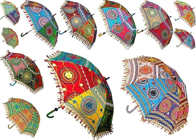 The Decor Affair Set of 10 Exquisite Handmade Cotton Fabric Vintage Parasols with Intricate Mirror Work - Perfect for Outdoor Wedding Decor, Boho-Chic Events, and Vibrant Festival Celebrations.