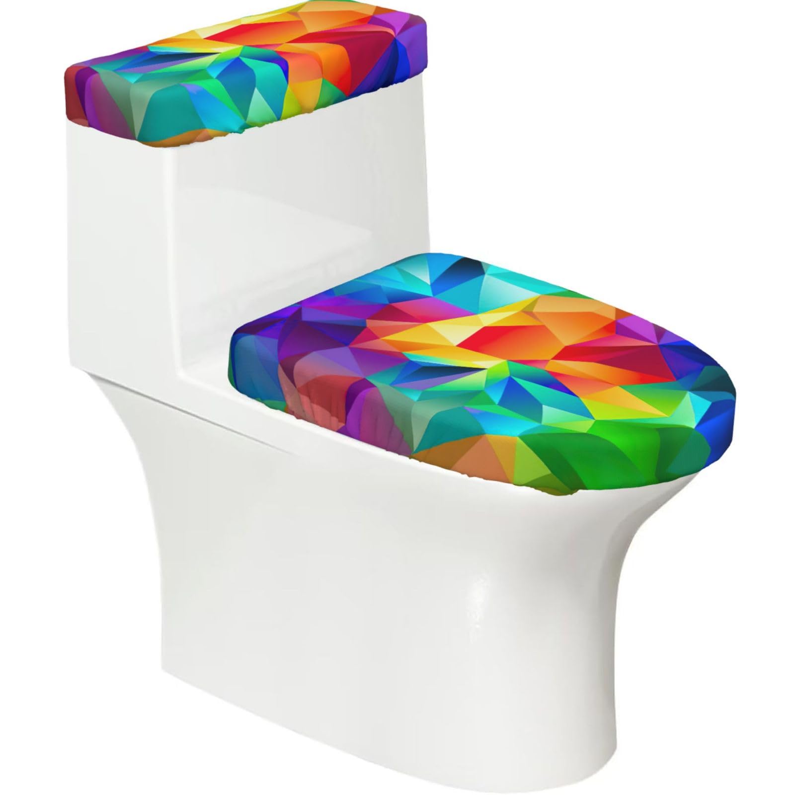 Rainbow Geometric Print Cozy Toilet Seat Warmer Cover Set Stretch Tank Lid Cover Bathroom Essentials For Most Toilets