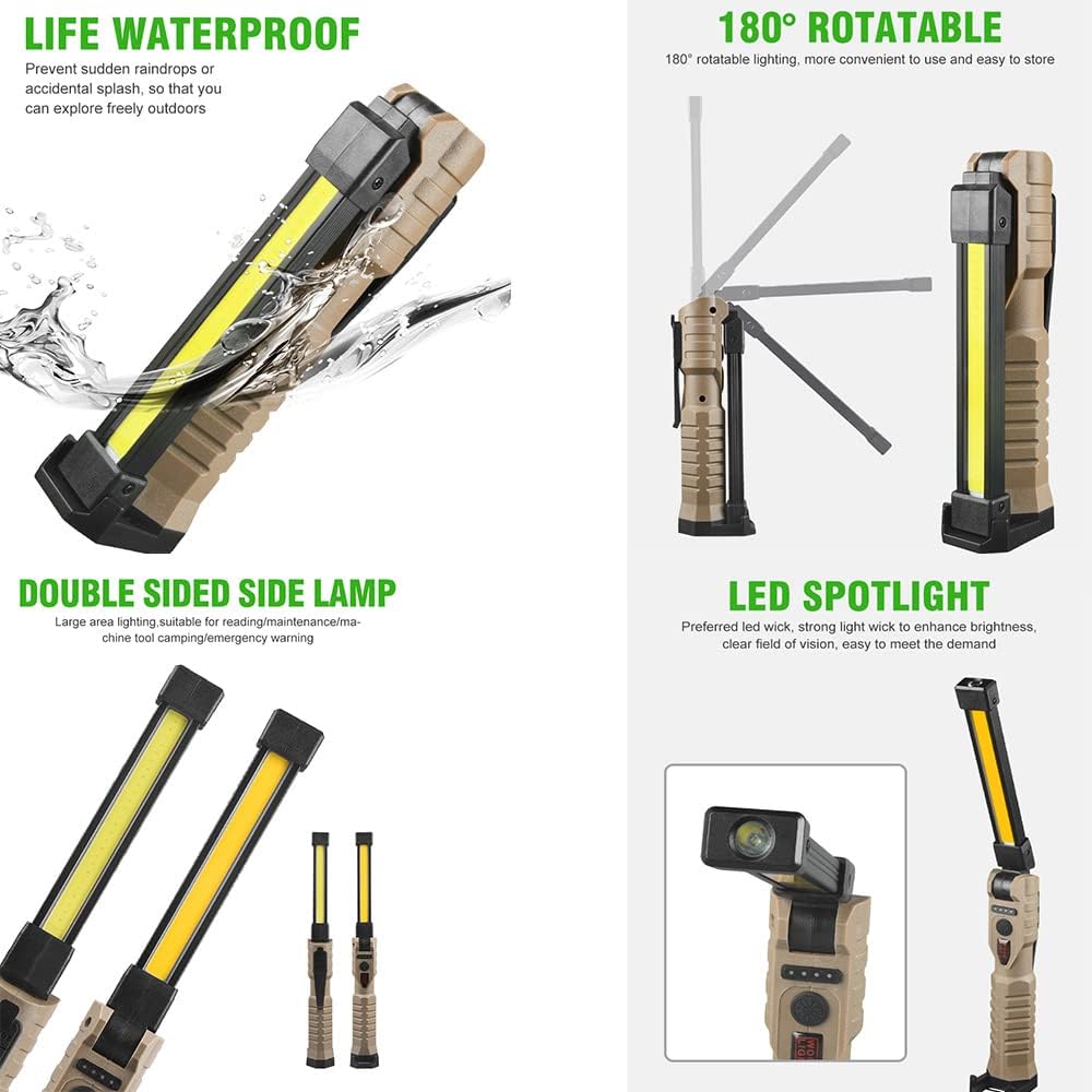 Rechargeable LED Magnetic Work Light，Work Lights for Mechanics with Stand， Foldable Magnetic Flashlight Automotive Work Light, Hook, 180° Rotate,Camping, Emergency.