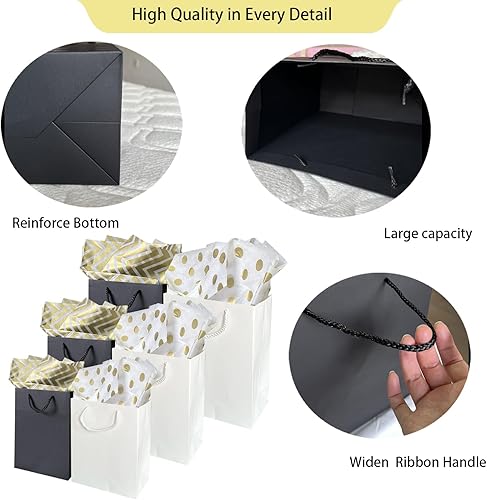 Miniatura 5 de AMROSE Paquete de 12 bolsas de regalo surtidas con papel de seda, tres tamaños, bolsas de regalo de papel reciclable a granel para cumpleaños,