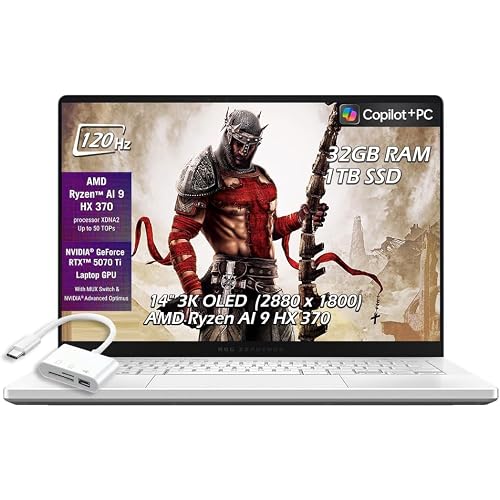 ASUS - ROG Zephyrus G14 14" Gaming Laptop - AMD Ryzen AI 9 HX 370 - NVIDIA GeForce RTX 5070 Ti -32G RAM 1TB SSD - Wi-Fi7 Bluetooth BacklitKB Win11 - Platinum White - w/USB Hub - W/GaLiMu