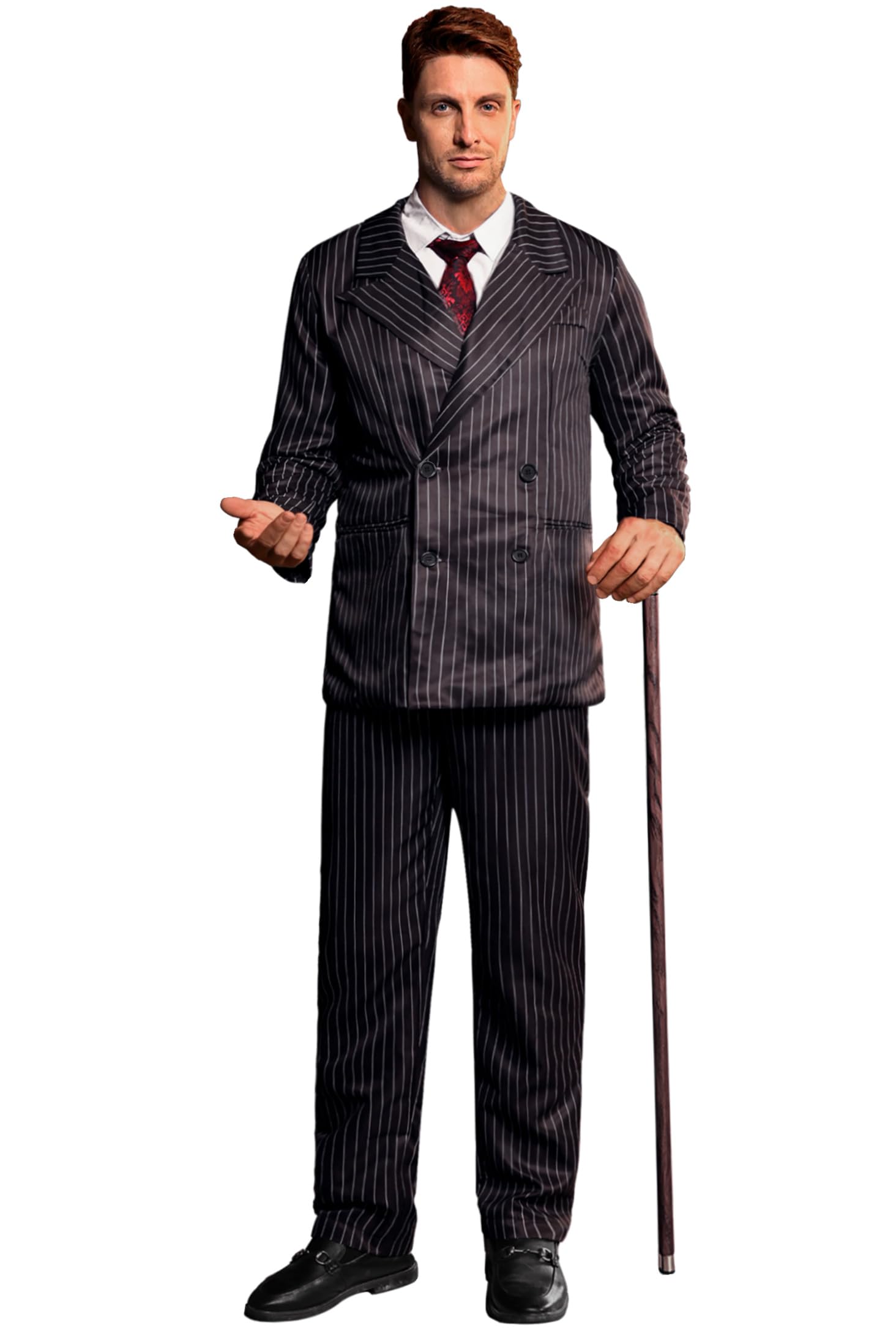 Mainfini Gomez Addams Zoot Suit Gangster Outfit Adult Men 1920s Trousers Addams Family Spooky Halloween Costume Black Striped Blazer Tie TV Show Cosplay Masquerade Event L — image 1
