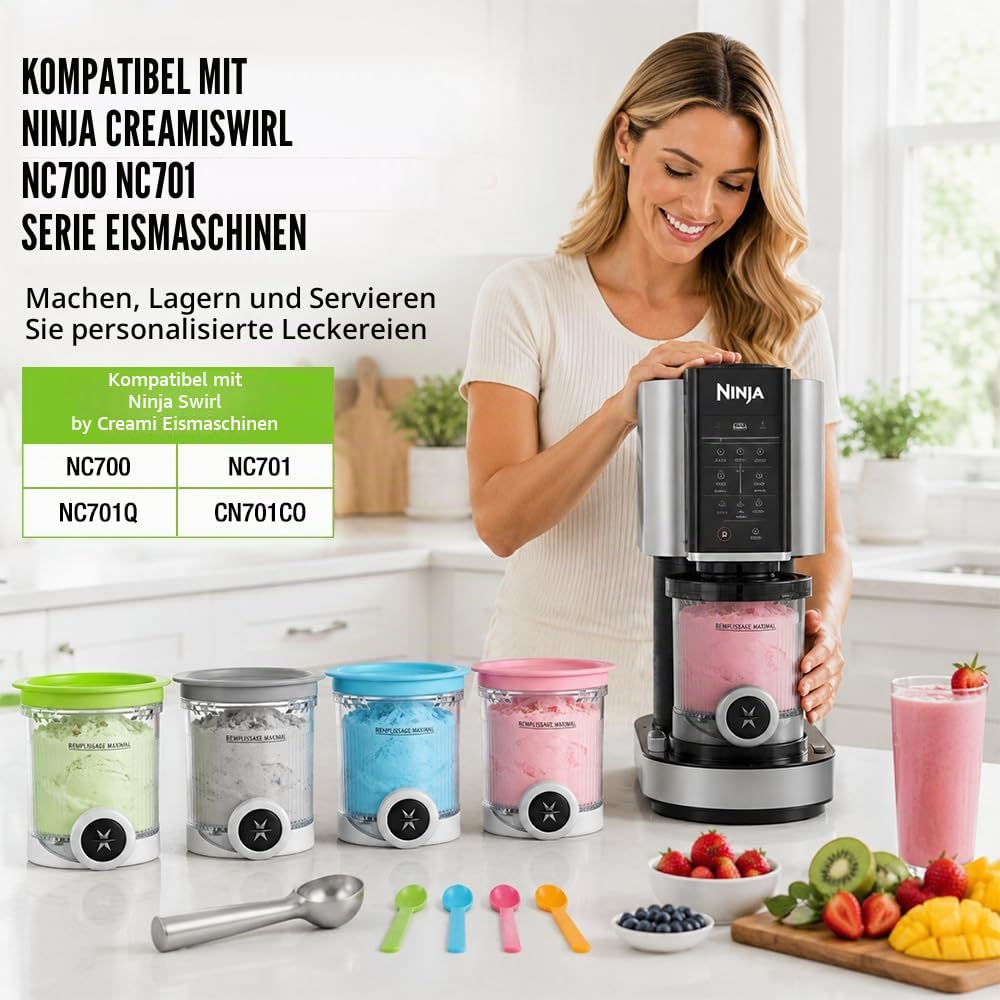 4 Stück Eisbehälter mit Deckel Passend für Ninja Swirl, Ersatz-Pints Eiscreme-Behälter für Ninja CREAMi NC700 NC701 Modelle, BPA-frei & Spülmaschinenfest, Zubehör für Eismaschine mit Löffel