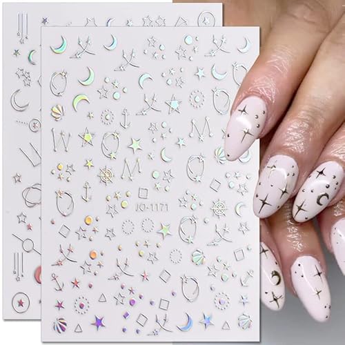 Dornail 6 Sheets Aurora Silver Star Moon Planet Nail Stickers 3D Holographic Laser Stars Nail Decals Self Adhesive Nail Art Stickers Diy Nail Design Nail Art Decoration #TOP3