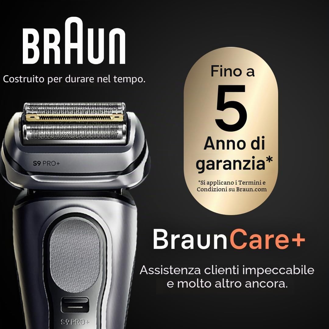 Braun Serie 9 PRO+ 9577cc Rasoio elettrico da uomo, 5 elementi Pro e rasoio di precisione per capelli lunghi, Centro SmartCare 6in1, PowerCase ricarica mobile, Wet & Dry