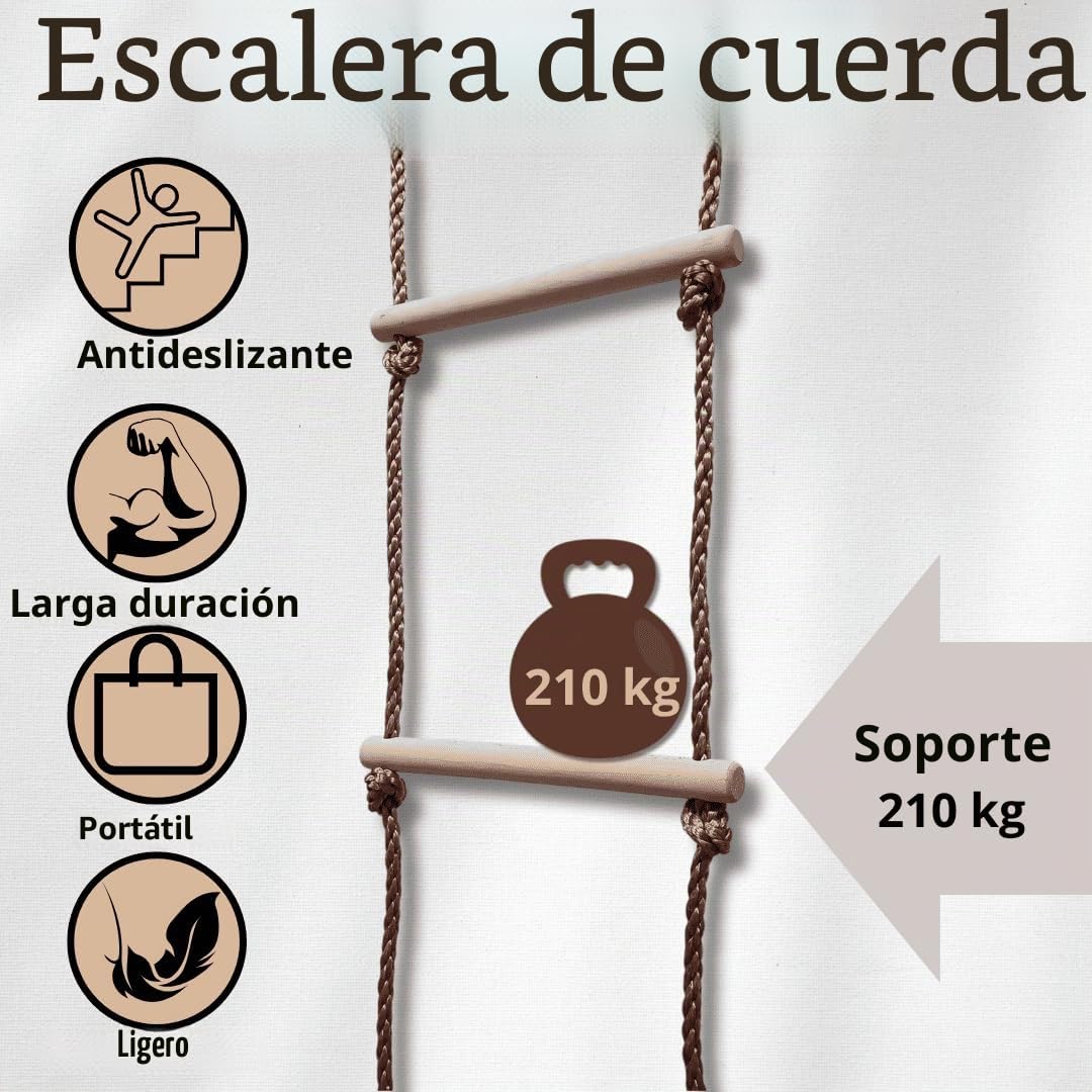 Escalera de Cuerda de Pared Sueca 2m - Escaleras Duraderas de Madera Dura para Niños | Equipo de Juego de Escalera de árbol | Escaleras de Madera con Ganchos | Accesorios para Parques Infantiles