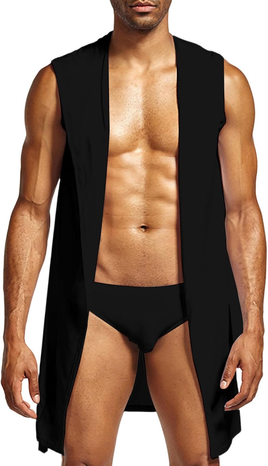 Men's Sleeveless Hooded Kimono Robe Open Front Lightweight Ice Silk Nightshirts Casual Beach Spa Loungewear Vest