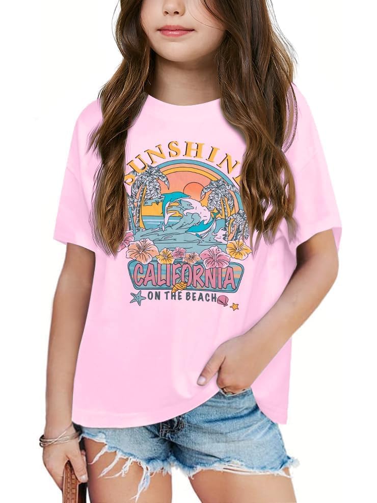 Yawtaut Girls Graphic Shirts Oversized Sunshine T Shirt Short Sleeve Tee Tops Cute Trendy Girls Clothes for 5-14 Years