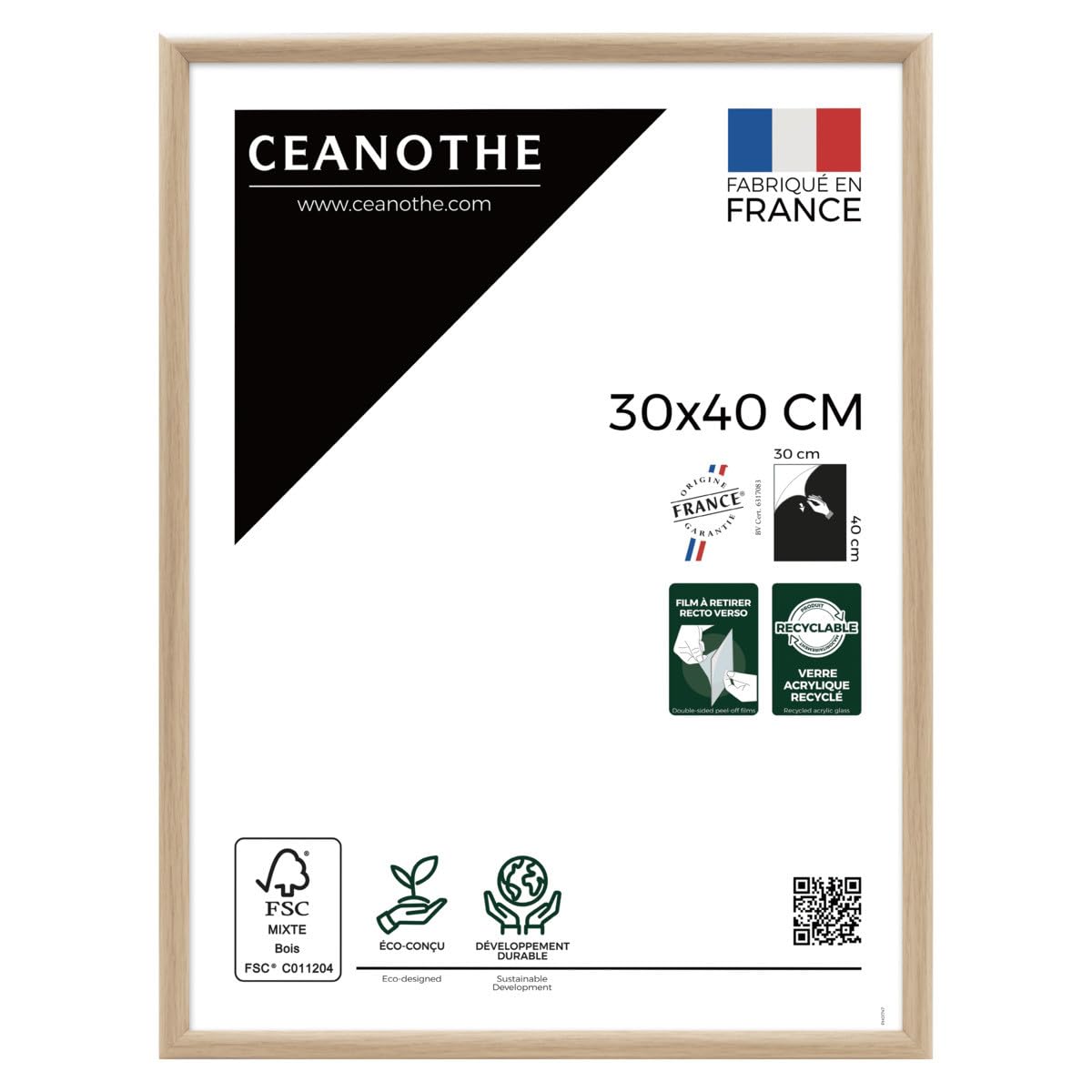 Ceanothe Cadre Photo 30x40 cm Bois Clair Naturel, Pour Exposition et Idéal pour Affiche et A4, Collection Essentiel Verre acrylique Incassable Fabriqué en France