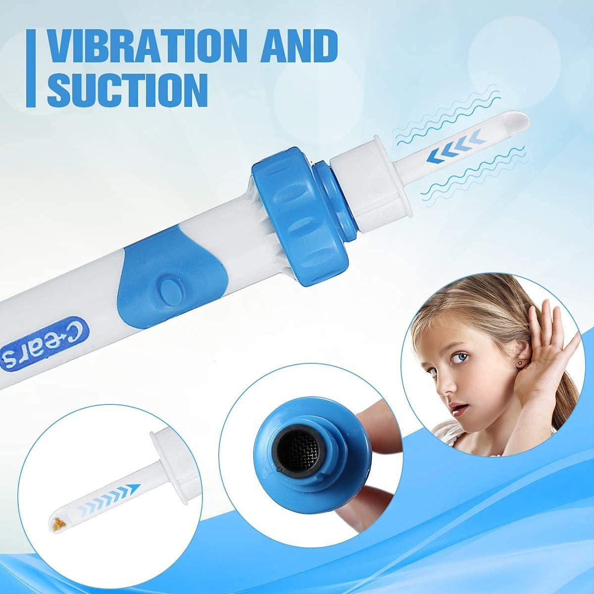 Pulisci Orecchie, Elettrico Pulitore per Orecchie, Q Grips Rimuovi Cerume, Q Twist Pulisci Orecchie con Manico e 2 Punte Lavabili, Sicuro e Morbido Adatto per Famiglia