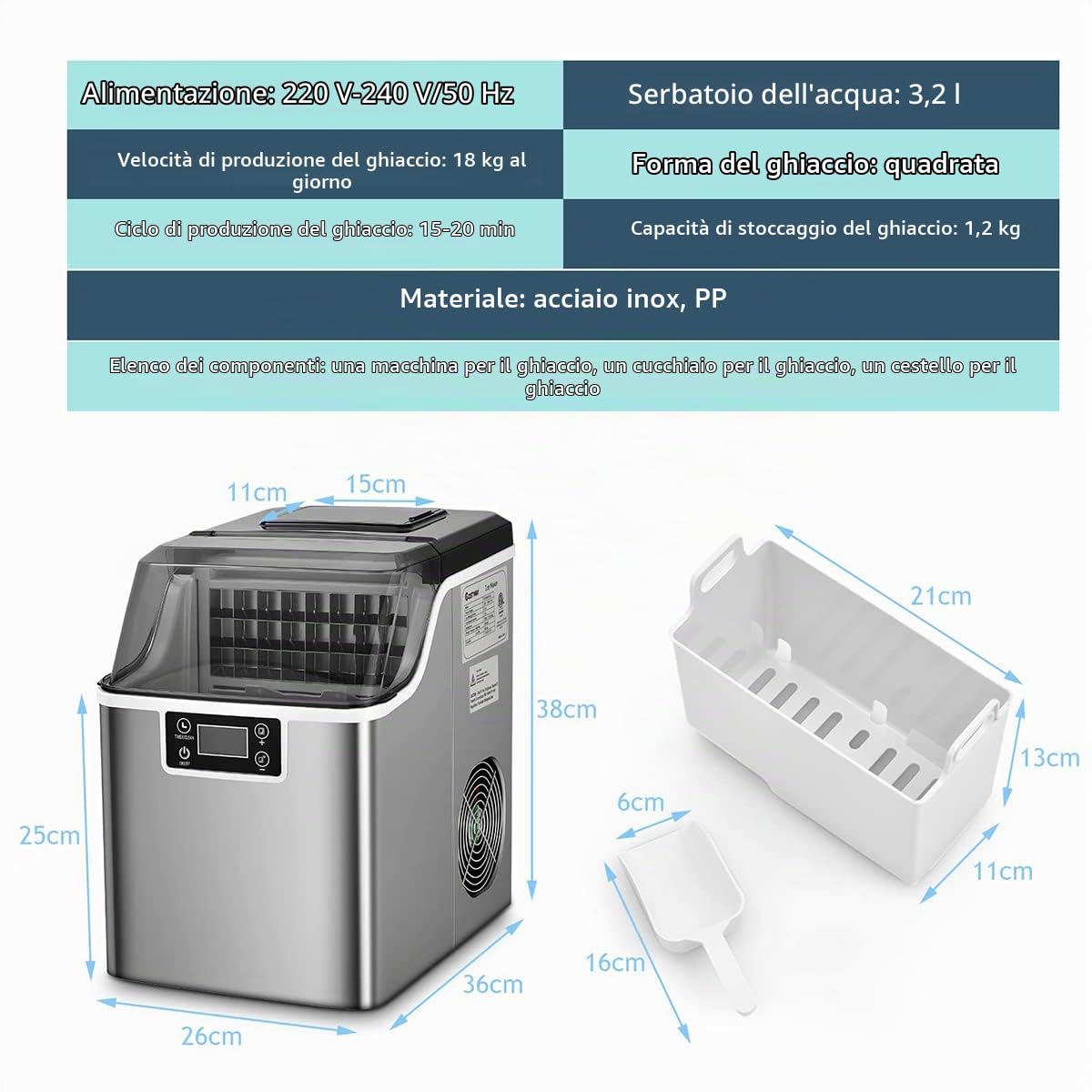 RELAX4LIFE Macchina per Cubetti di Ghiaccio, Capacità 18 kg/24 Ore, Durata 15-20 Min con Timer 1-24 Ore, Serbatoio d’Acqua 3,2L, Stoccaggio Ghiaccio 1,2 kg, Produttore Domestico di Ghiaccio a Cubetti
