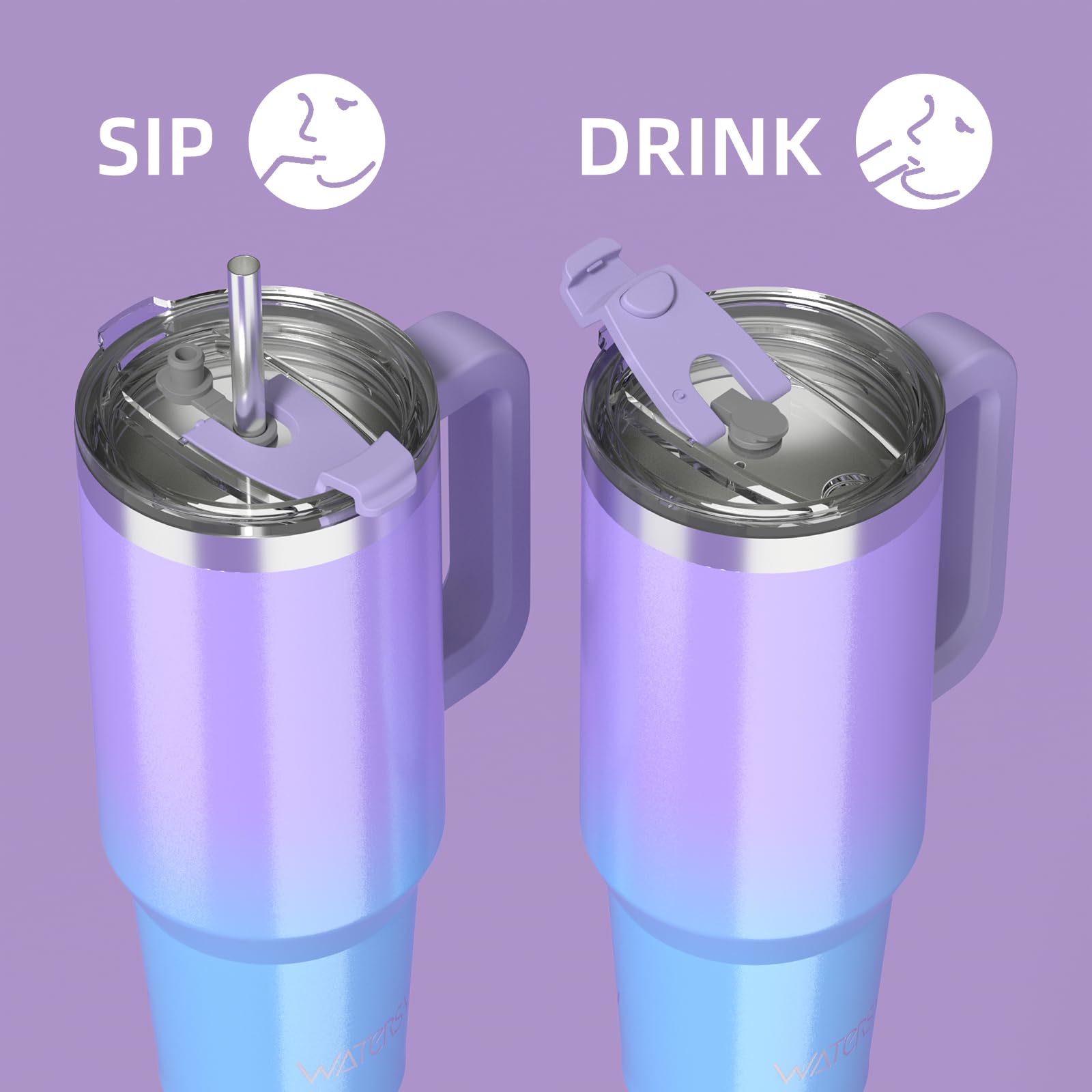 WATERSY 1200ml Thermosbeker met Handvat & 2 Rietjes - 40oz Tumbler Vacuüm Geïsoleerd Roestvrij Staal, Lekvrij Deksel - Houdt Dranken Warm & Koud - Voor Sport, Reizen, Kantoor (BPA-vrij), Zwart