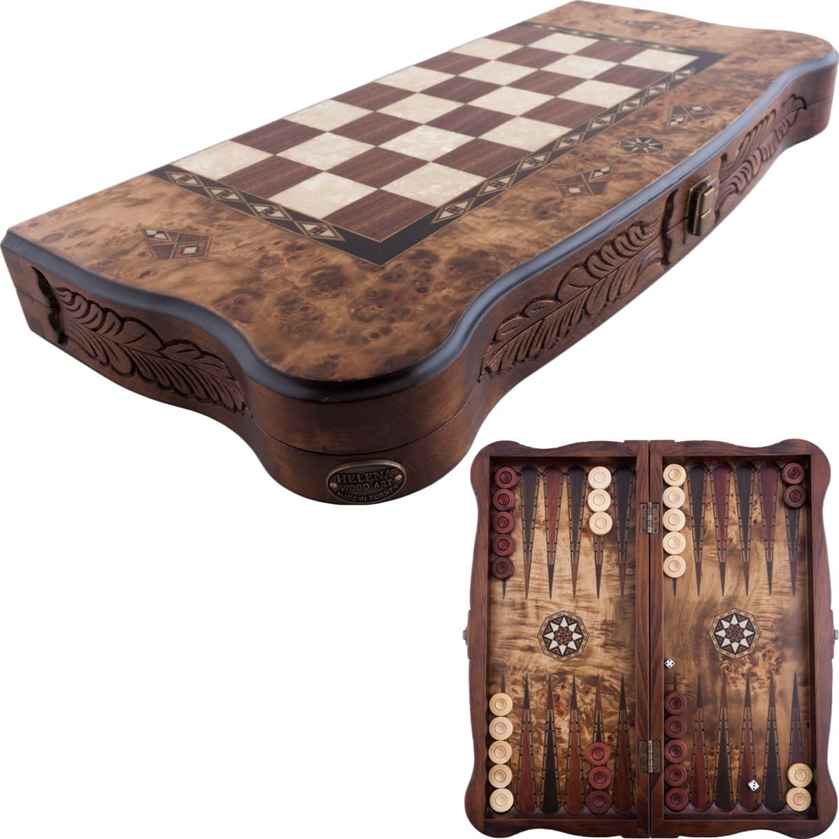 Helena Wood Art, Handgefertigtes Hochwertiges Backgammon Spiel aus Holz, Tavla, 100% Holz, Deluxe Edition, TricTrac, 52 x 24 cm