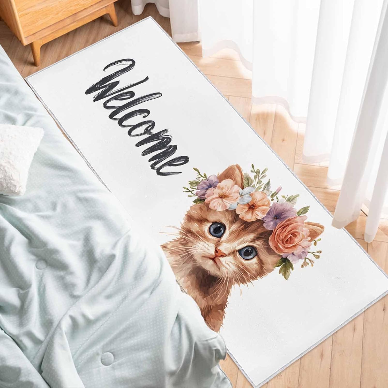 Teamery Kitchen Mats for Floor Spring Cute Cat Watercolor Flower Garland Washable Non Slip Kitchen Rugs 1PCS, Animal Portrait Absorbent Standing Mats for Sink Bathroom Office Living Room 23.6x70.9in