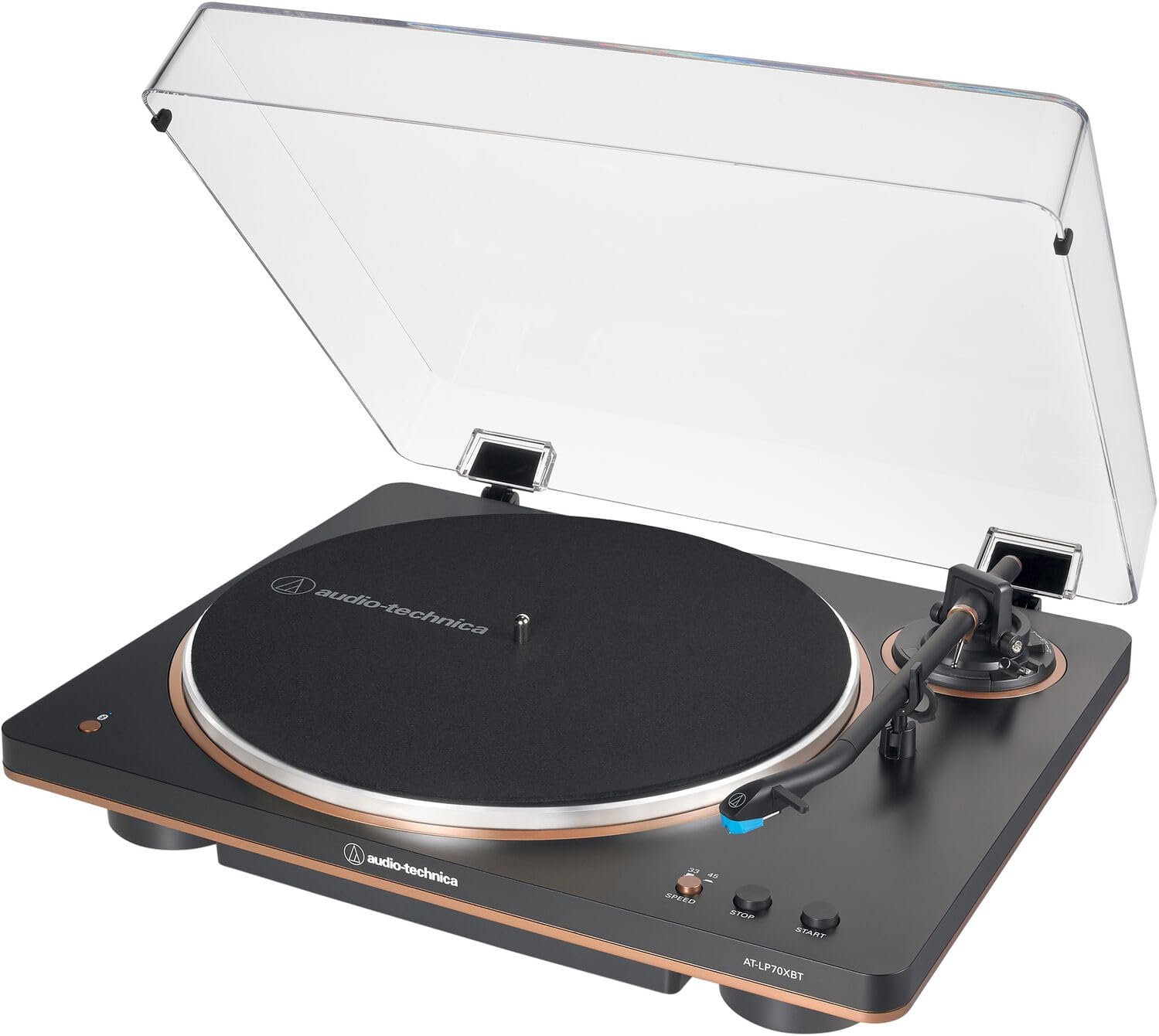 Audio-Technica AT-LP70XBT Automatic Belt-Drive Turntable with Bluetooth | Black and Bronze Bundled with 3" Monitors with Bluetooth | Pair + Record Cleaning Tool & Record Cover Stand + Cloth (4 Items)