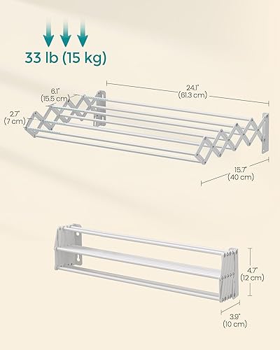 Miniatura 7 de SONGMICS ULLR806W01 - Tendedero para ropa montado en la pared, estante de lavandería de acordeón, 9 varillas escalonadas para colgar, expandible y