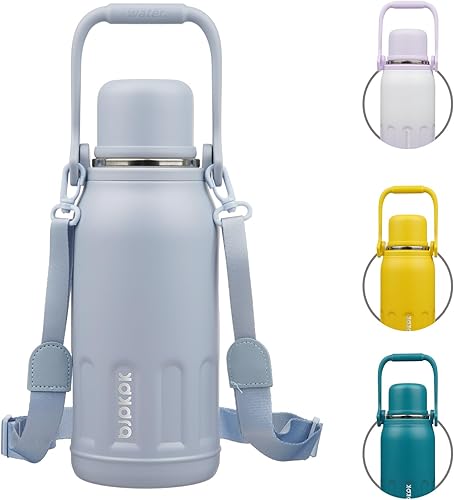 Miniatura 1 de BJPKPK Botella de agua térmica con aislamiento al vacío con asa y tapa, botellas de agua de acero inoxidable de 40 onzas para bebidas frías y