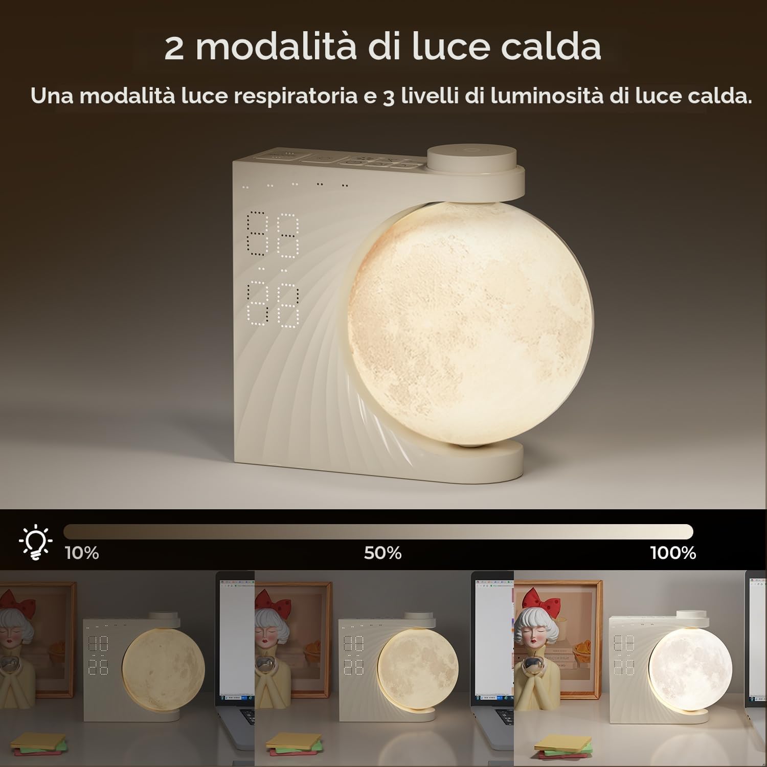 Lampada da Luna con Sveglia Luminosa, LED a 8 Colori, Macchina Sonora con Luce Notturna, Doppio Allarme, Funzione Snooze, 10 Suoni della Natura