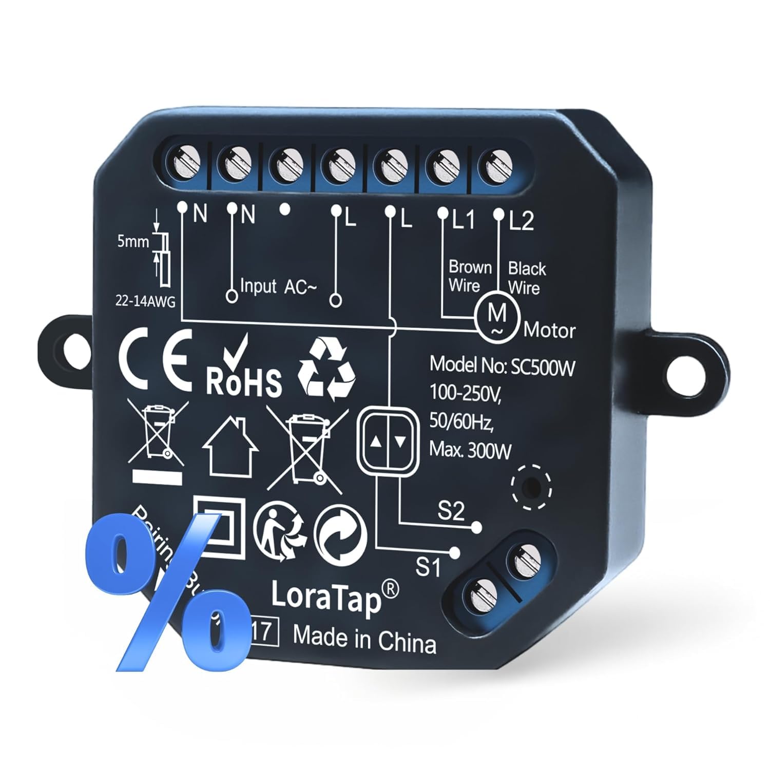 LoraTap módulo persiana Wi-Fi, ajuste 0–100%, app Smart Life y control por voz con Alexa, para interruptor de 2 botones (basculante/pulsador), 2,4 GHz, 47 × 48 × 16 mm, 300 W