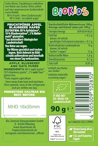 biozentrale BioKids Quetschies Apfel Banane Blaubeere Hafer | 12 x 90g | Veganer Frucht-Hafer-Snack | Fruchtmus ohne Kristallzuckerzusatz
