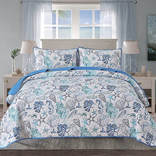 Djoymock Ocean Quilt Set King 3 Pieces Sea Beach Bedspread Lightweight College Dorm Coverlet Treasures Coastal Beach Bedding Set Seashell Conch Starfish Coverlet with 2 Pillowcases (104"x90")