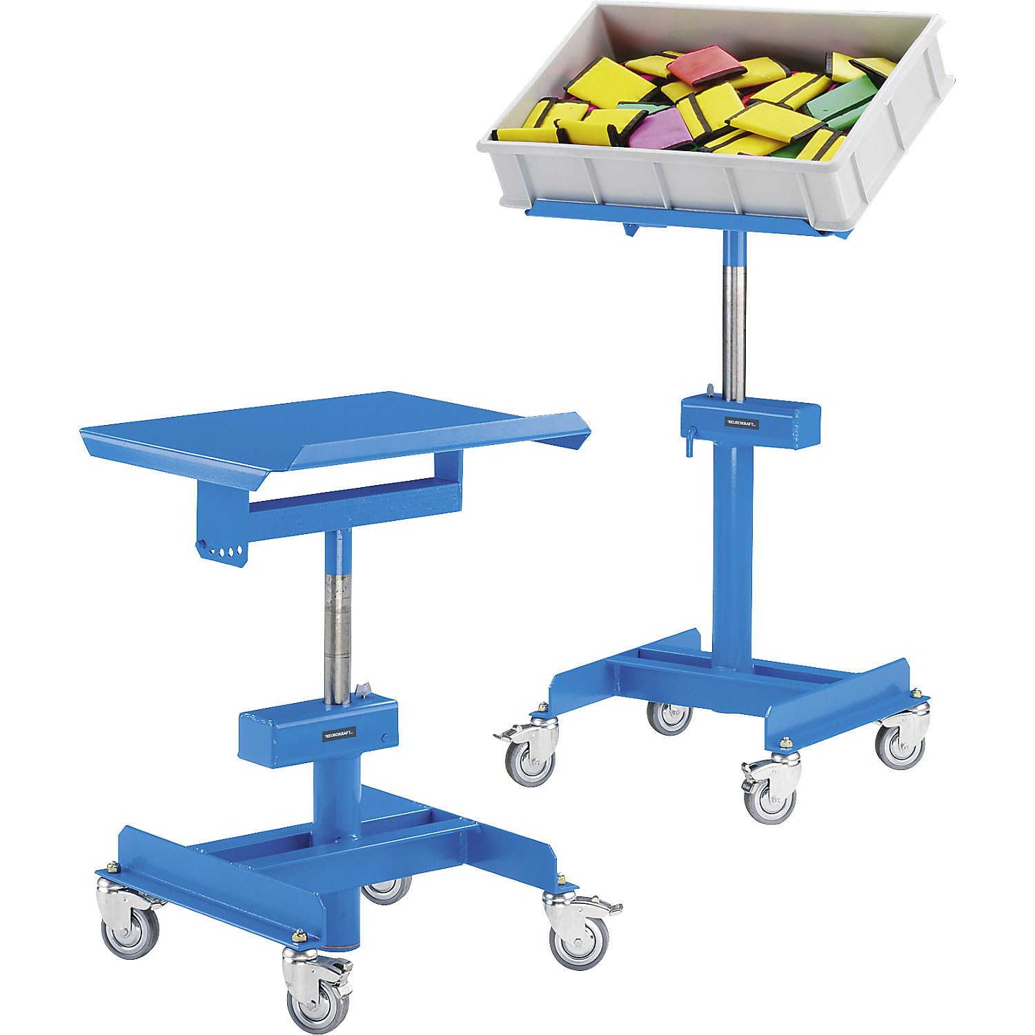 eurokraft | Materialständer | Tragfähigkeit 150 kg | fahrbar | Höhenverstellung ohne Last mit pneumatischer Fallbremse | Höhenverstellbereich 720-1070 mm