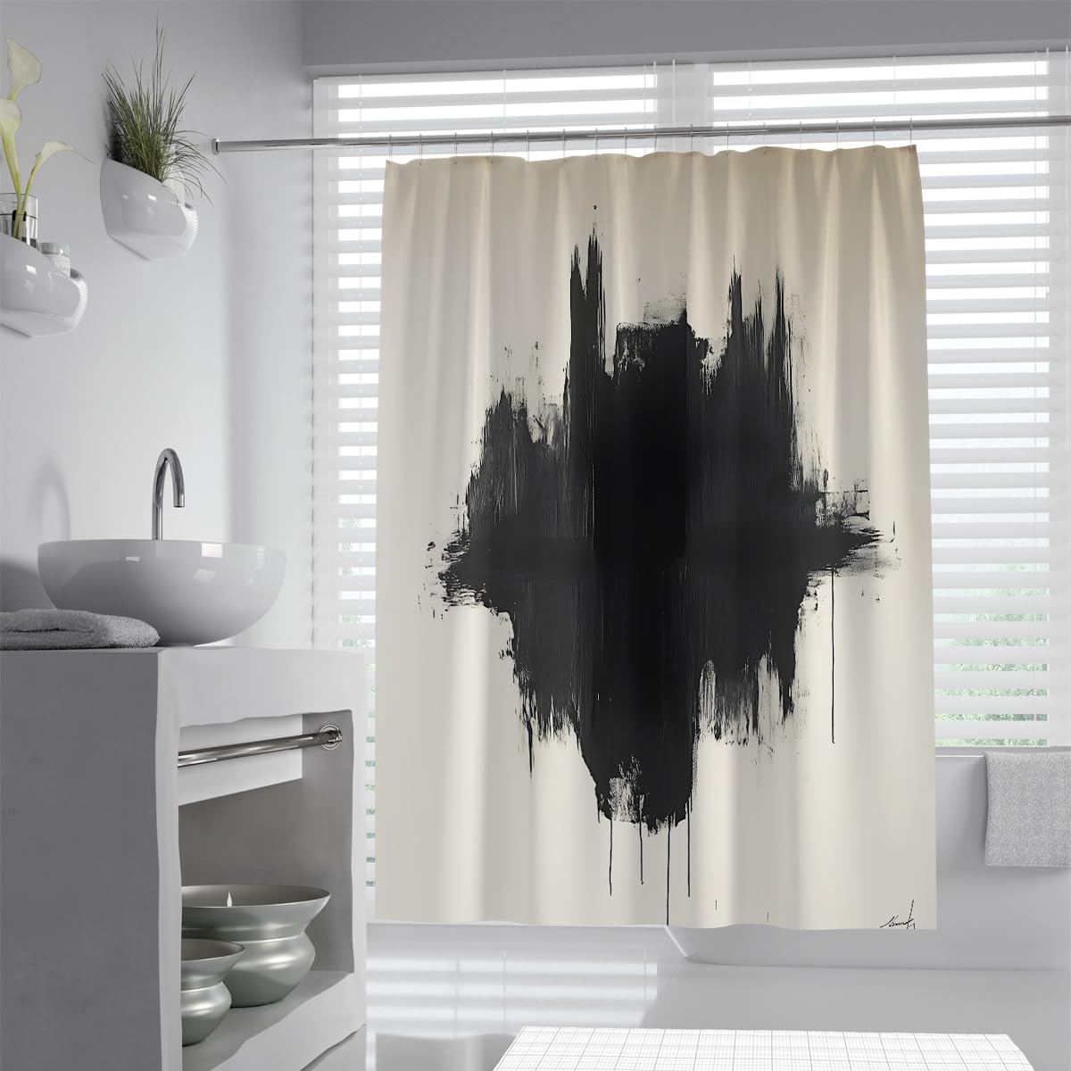 OLLIAR Home Abstract Brushstroke Bathroom Shower Curtain Modern Contemporary Black White Art Painting Polyester Fabric Waterproof Decor Shower Curtains 240x180cm