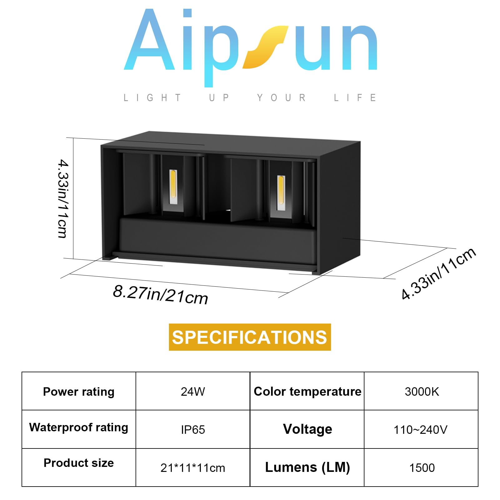 Aipsun 24W Applique Mural Intérieur/Extérieur Noir, LED Applique Murale Moderne Exterieur avec Angle de faisceau Réglable pour Jardin Couloir, IP65 Imperméable, Blanc chaud 3000K