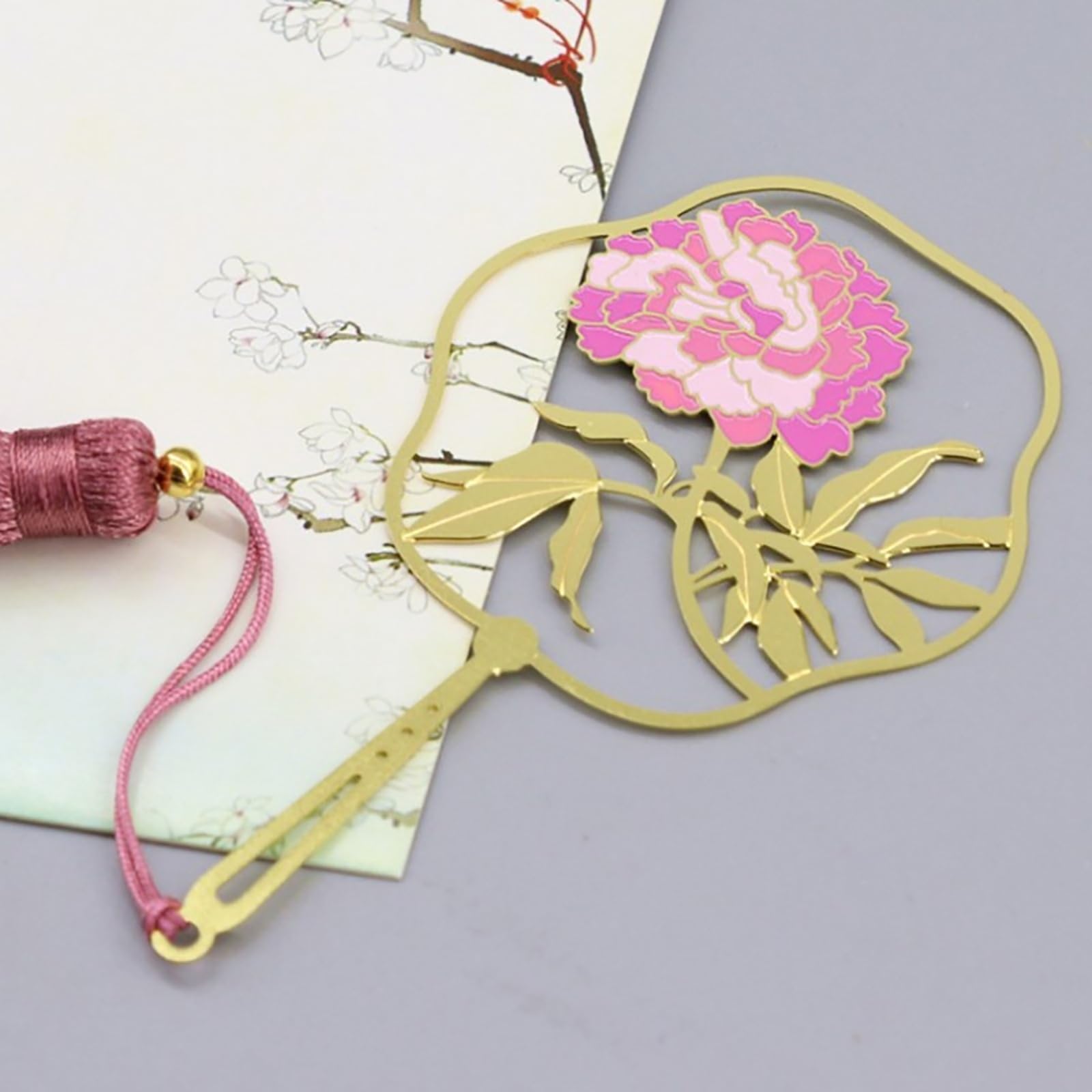Marque-Page,Marque-Pages en métal Pivoine avec Pompon Marque-Pages en métal Chinoiserie créative