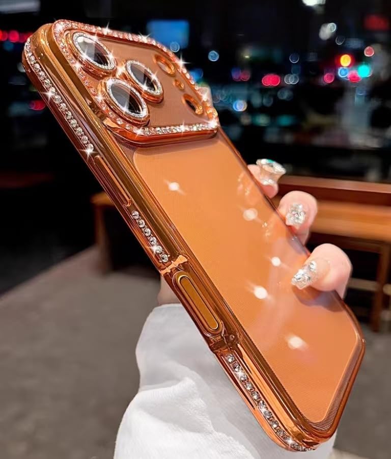for iPhone 17 Pro Max Case Clear Glitter, Orange, Cute Luxury 3D Sparkly Bling Diamond Rhinestone Camera Lens Protector Soft Plating TPU Bumper Transparent Women Girls Phone Case for iPhone 17 Pro Max
