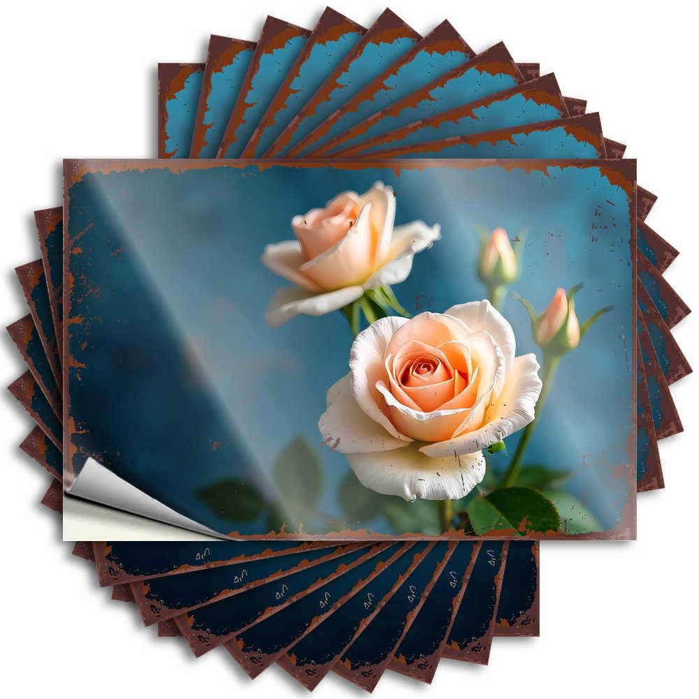 Soft Peach Roses Blooming Against A Blue Background Decor Love - Decal Tumbler Waterproof Decal(6X9CM)