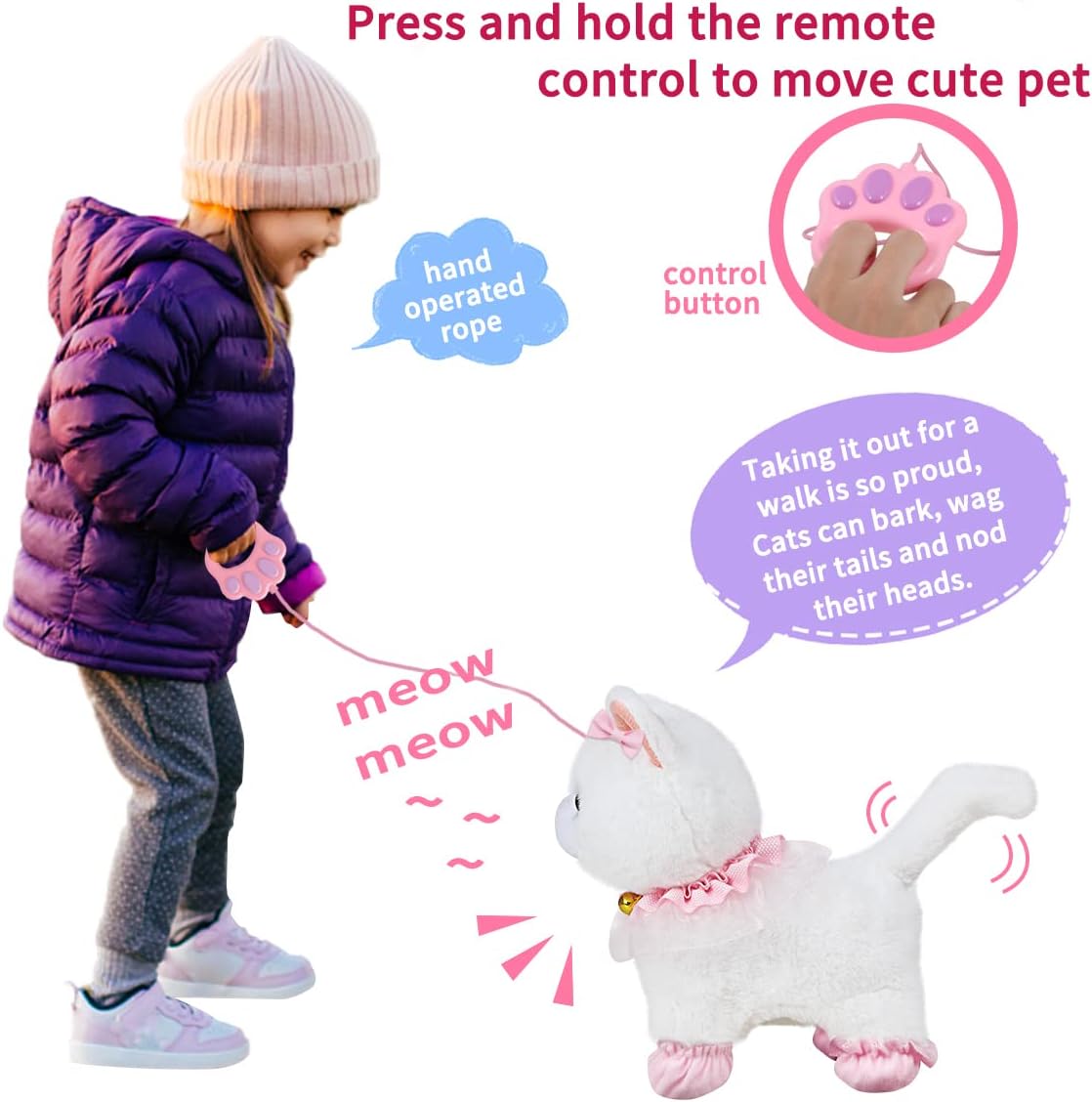 Interactive Electronic Plush Toy Cat with Remote Control Leash,Realistic Interactive Pet Cat,Walking,Barking & Wagging Tail,Includes Cat Accessories (White)