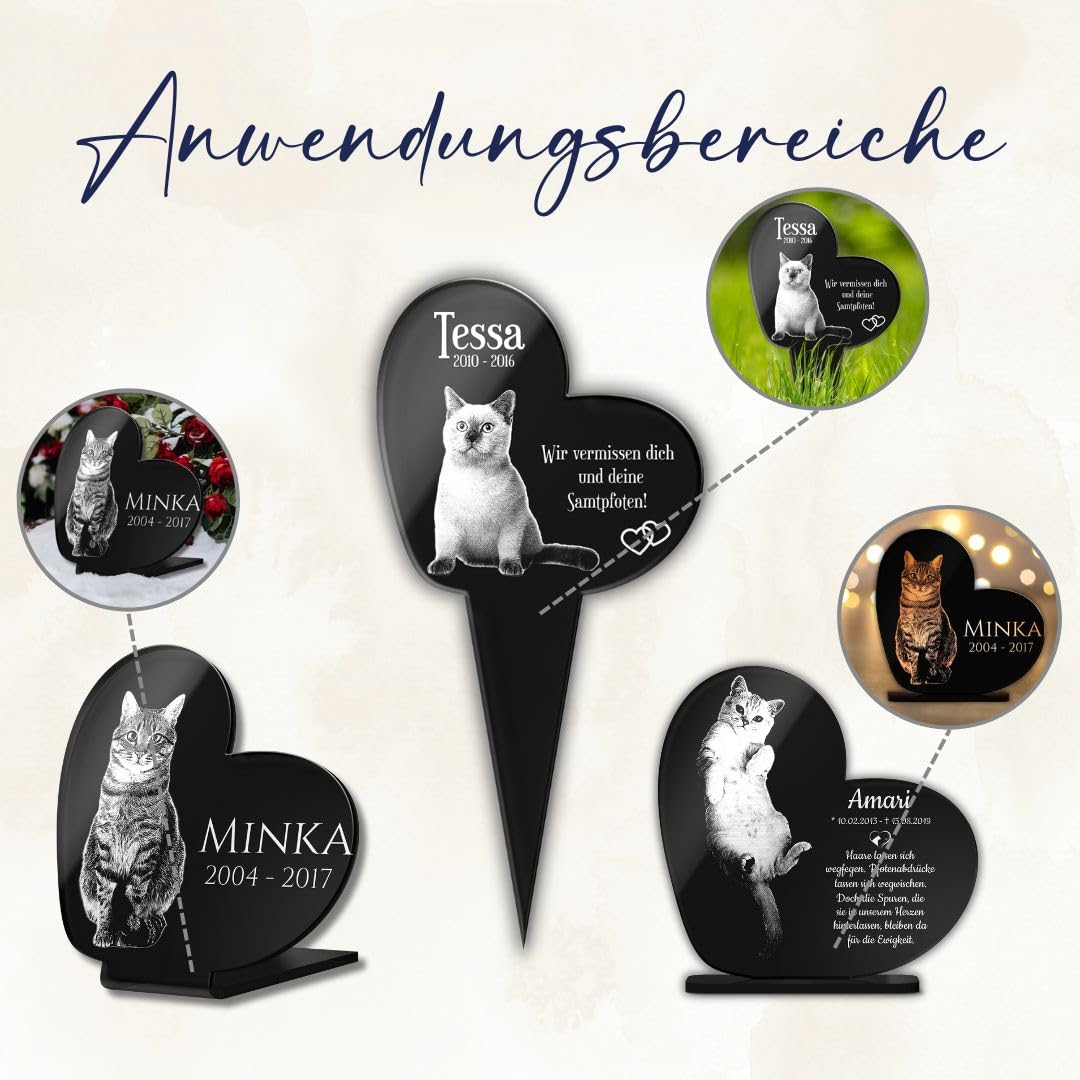 Gedenkstandbild Gedenktafel mit Gravur Fotogravur | Grabstein Katze Herz stehend in 2 Größen | Grabschmuck graviert für Katzen oder Kater - Grabplatte im Kerzenschein leuchtend