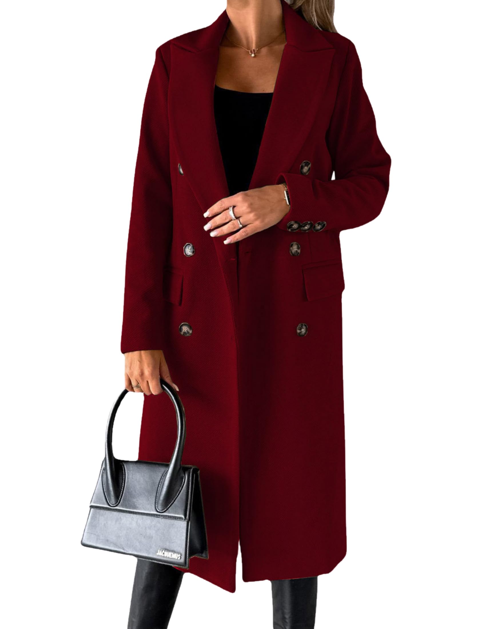 LIZALIG Womens Long Wool Double Breasted Coat - Elegant Fall Winter Peacoat Trench Style Outerwear for Daily Wear
