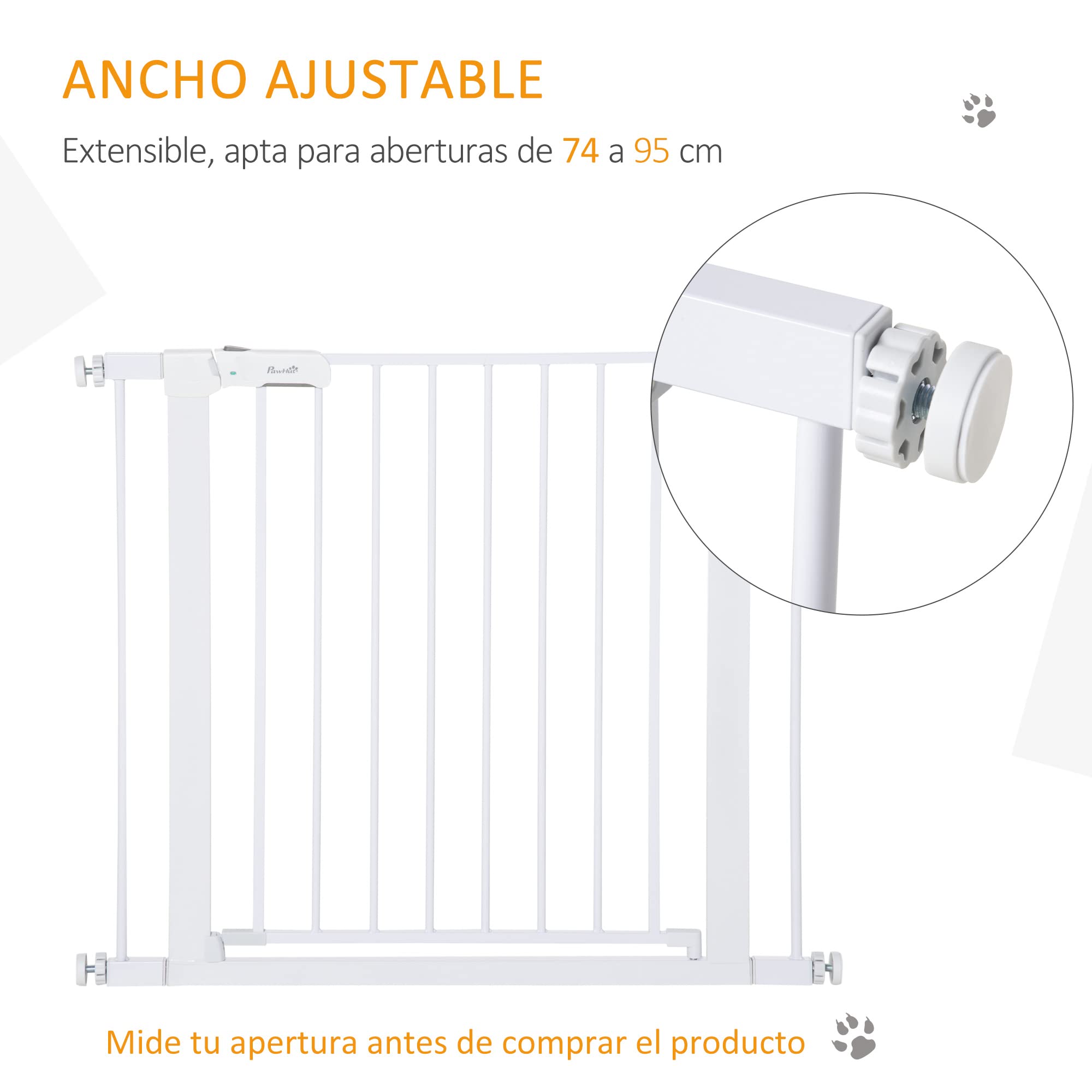 PawHut Barrera de Seguridad de Perros Extensible para Escaleras y Puertas 76-97 cm Valla para Perros con 2 Extensiones de 7 cm Cierre Automático y Marco Metálico Altura 76 cm Blanco