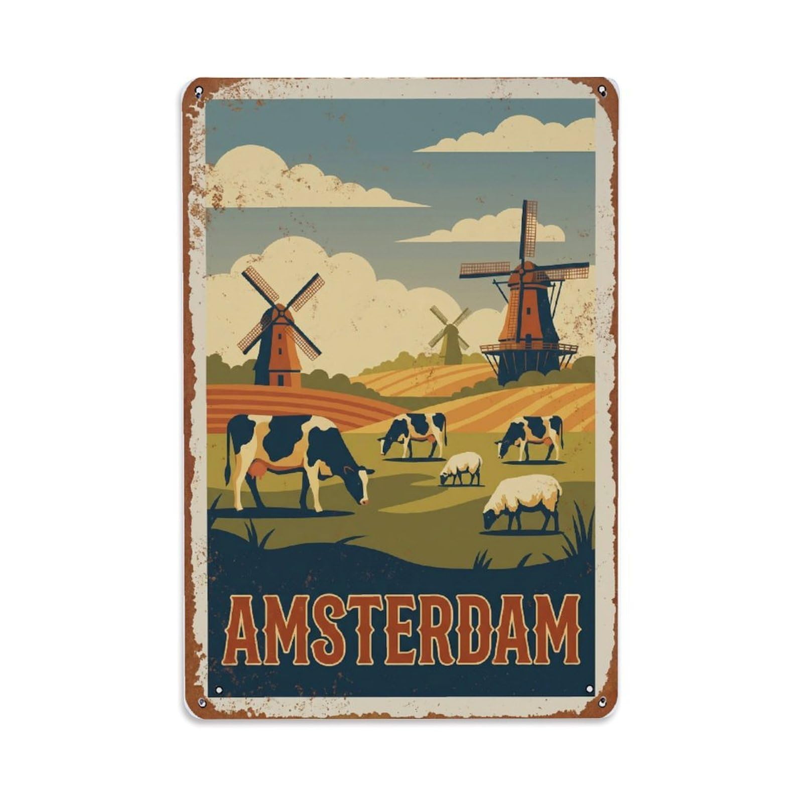 Vintage Travel Pasture Netherlands Grazing Metal Tin Sign Plaque Wall Decor for Cafe, Club Bar, Office, Home Garden Metal Poster 8x12Inch