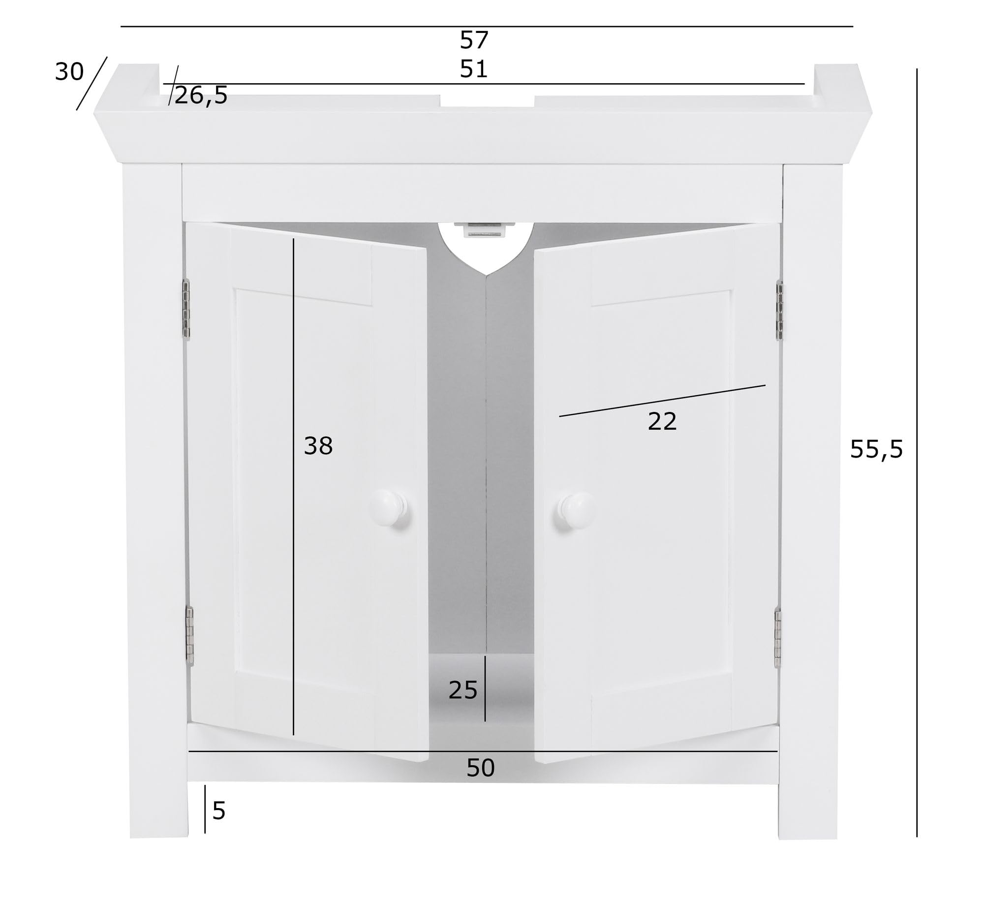 FineBuy Design Waschbeckenunterschrank, Badunterschrank mit 2 Türen Weiß, Badschrank Waschbecken Stehend, Bad Aufbewahrung, Waschtischunterschrank
