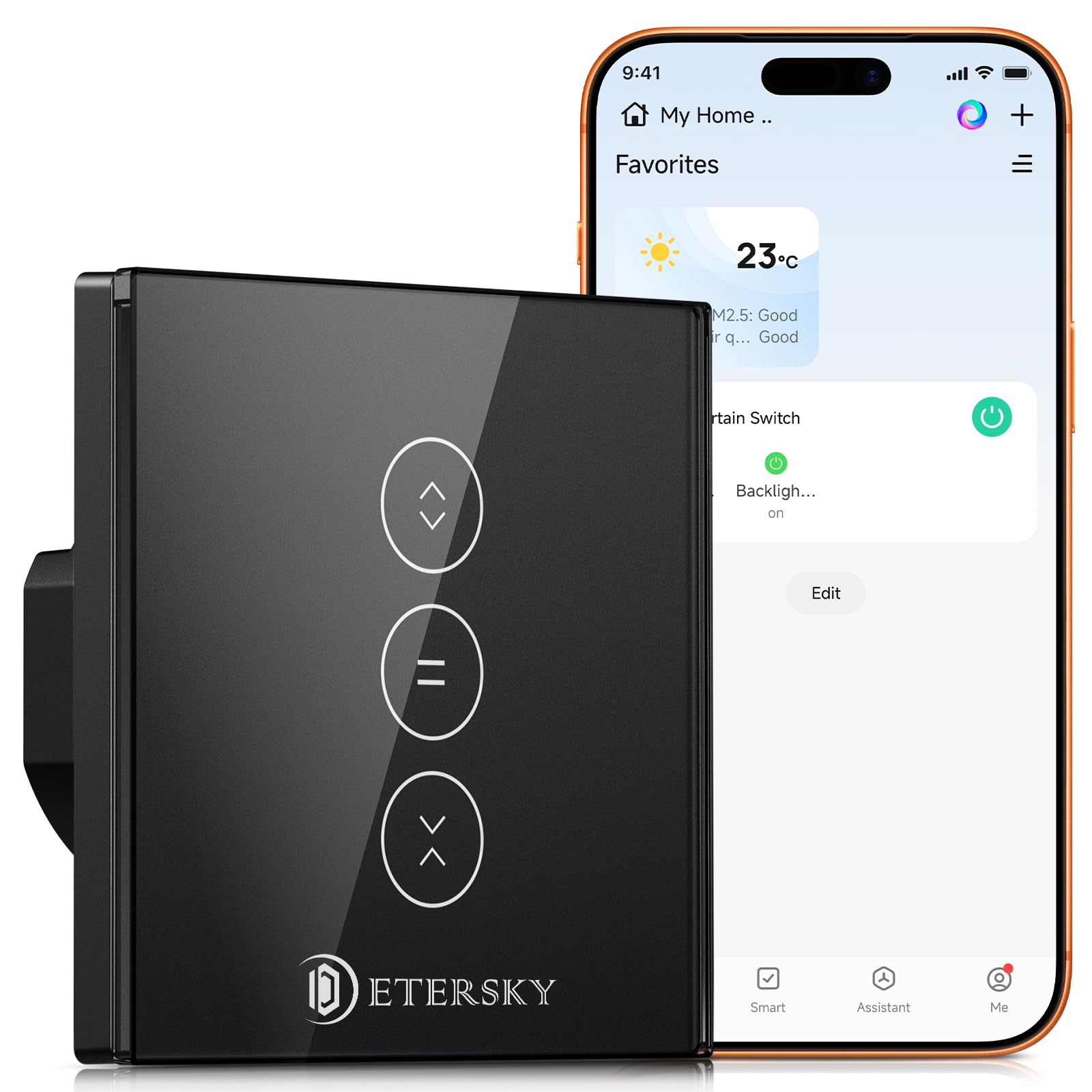 Interrupteur Volet Roulant Connecté，Etersky Interrupteur Volet Roulant WiFi,Compatible avec Alexa/Google Home, Interupteur Connecté Tactile Rétro éclairage Peut Éteindre LED Timer APP Contrôle，Noir 1P