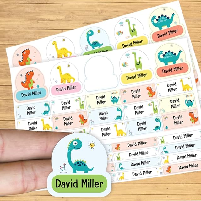 Cute Dinosaur Personalised Name Stickers for Water Bottles Childrens Name Labels with Waterproof Name Labels for School Essential Items Papa Prints® #N101