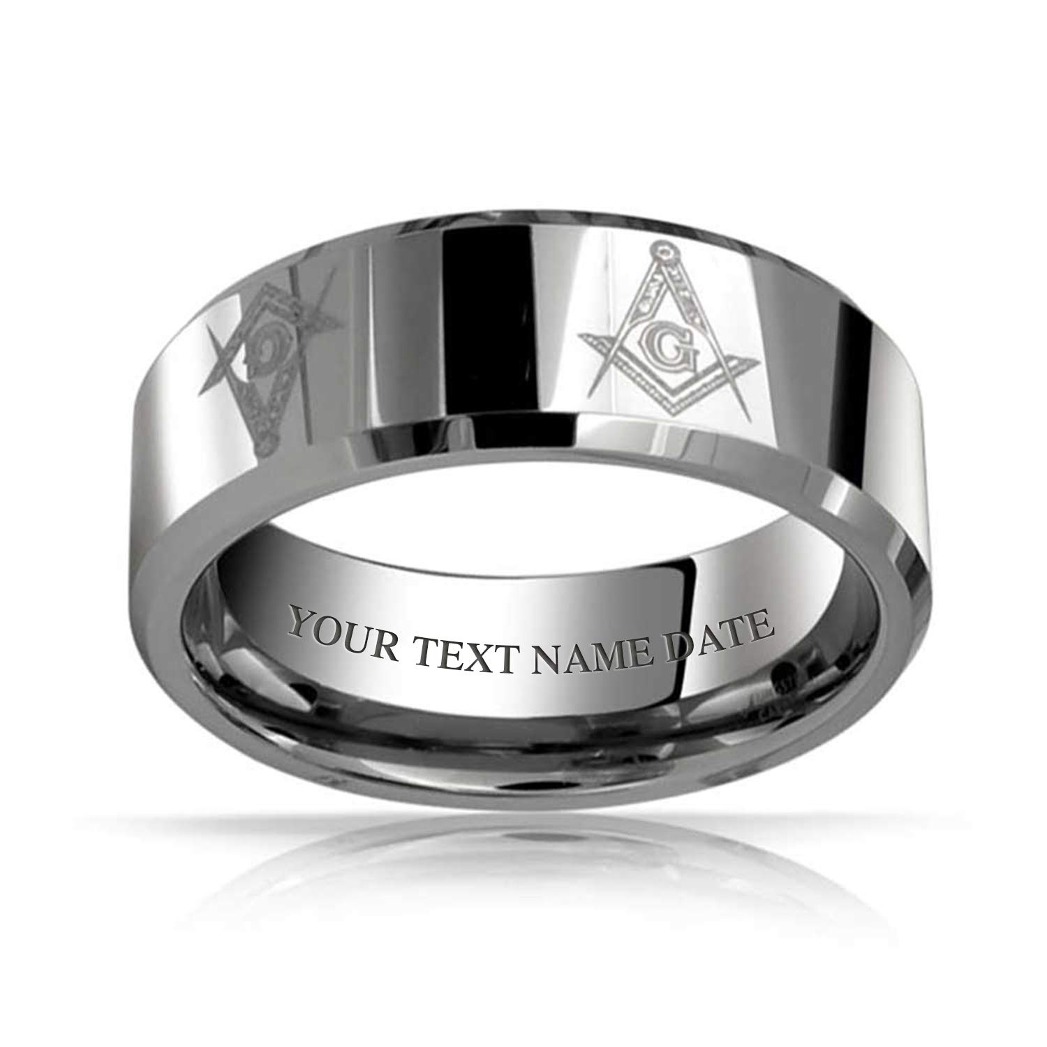 Bling Jewelry Anillo de Boda Masónico de Compás y Escuadra para Hombres de Titanio, Tono Plateado Pulido, Ajuste Cómodo, 8MM