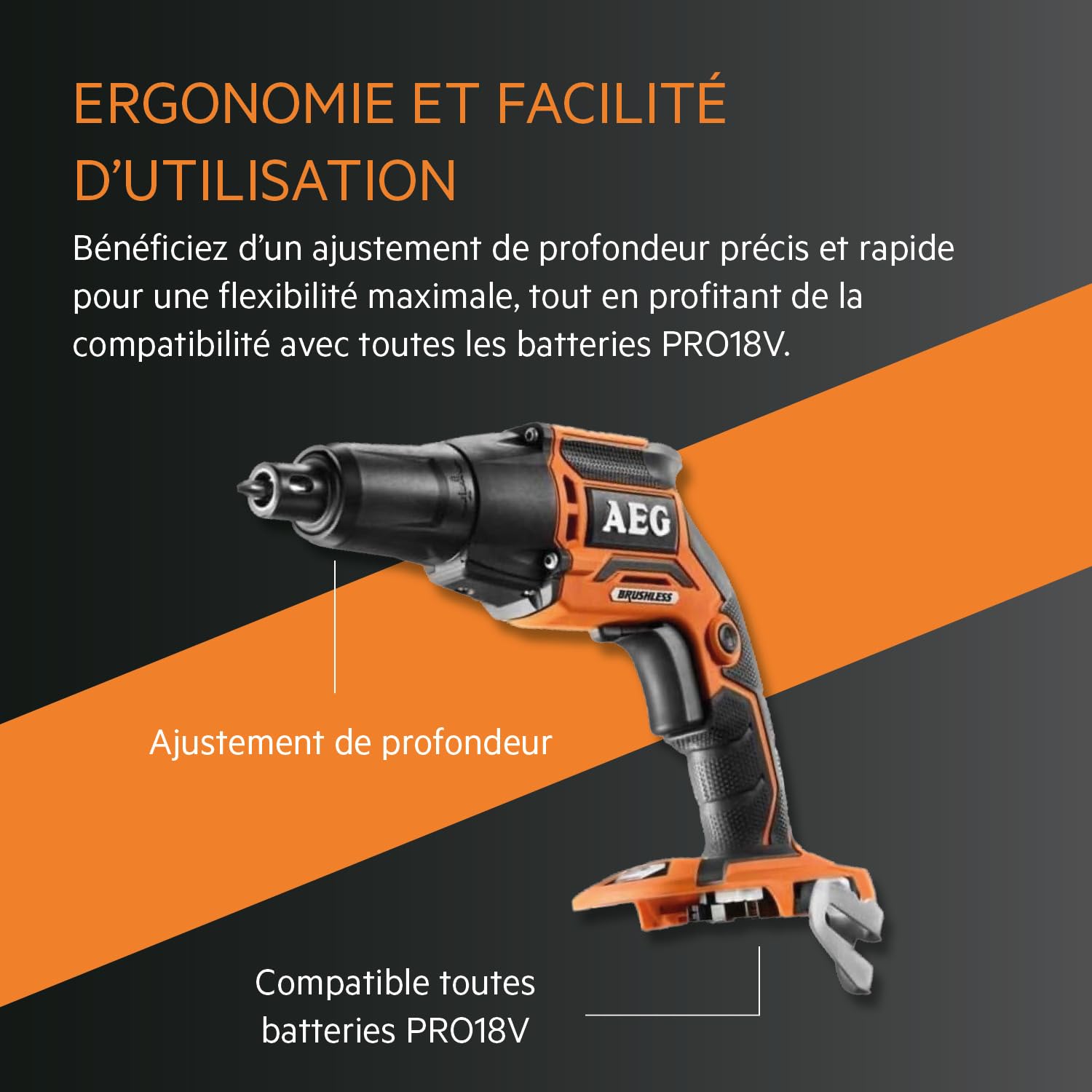 AEG - Visseuse Plaquiste 18V PRO18V Brushless (Sans Batterie) - Réception Hex ¼ avec Changement de Porte-Embout Sans Clé - Fonction Push Drive - Grand Confort de Travail - BTS18BL-0