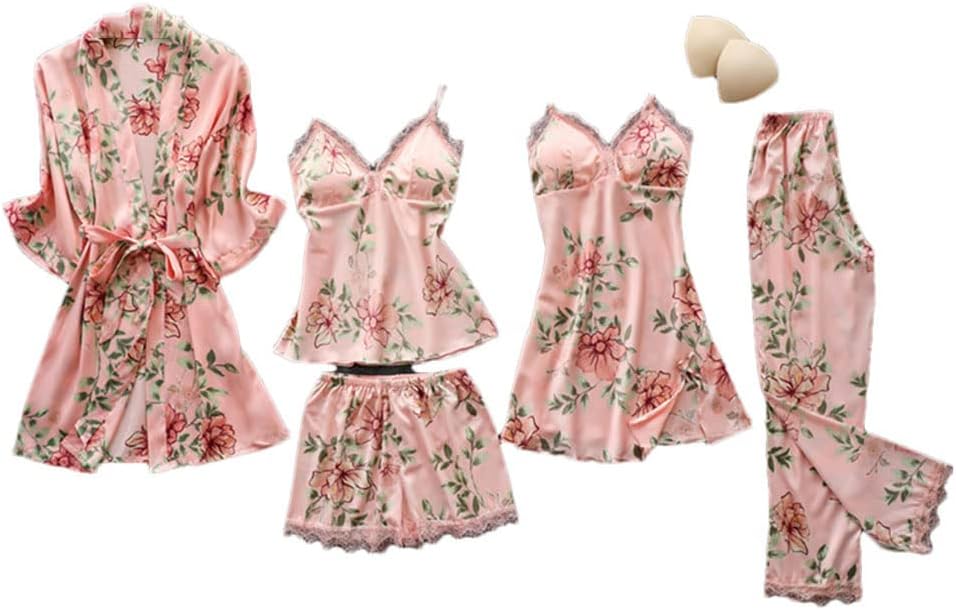 Haitpant Womens Pink Pajamas Sets Strap Top Pants Sleepwear Suit Spring Autumn Home Wear Nightwear Kimono Robe Bath Gown