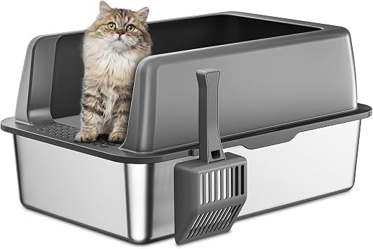 Zarler Stainless Steel Litter Box with Lid, Extra Large Cat Litter Boxes, XL Large Metal Litter Box for Big Cats with High Sided, Grey