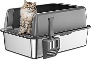 Zarler Caja de arena de acero inoxidable con tapa, cajas de arena extra grandes para gatos, caja de arena de metal extragrande para gatos grandes con lado alto, gris (antiadherente, fácil de limpiar