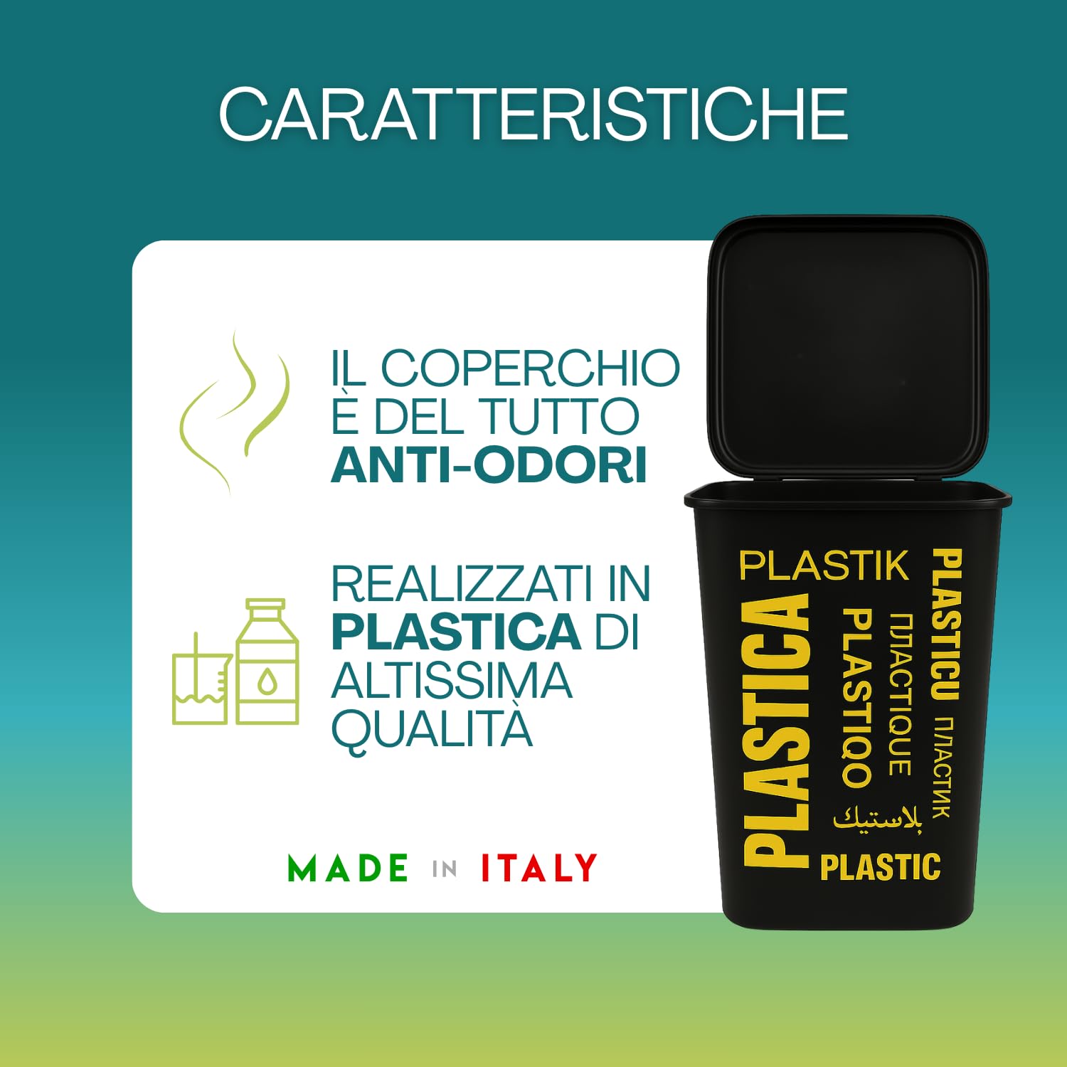 Paluplus Set 4 Pattumiere da 50 Litri con Scritte Colorate per Raccolta Differenziata, misura 37,5x36x53,5cm, Bidoncini Spazzatura con Coperchio Impilabili per Carta, Plastica, Vetro, Misto -1102F -11