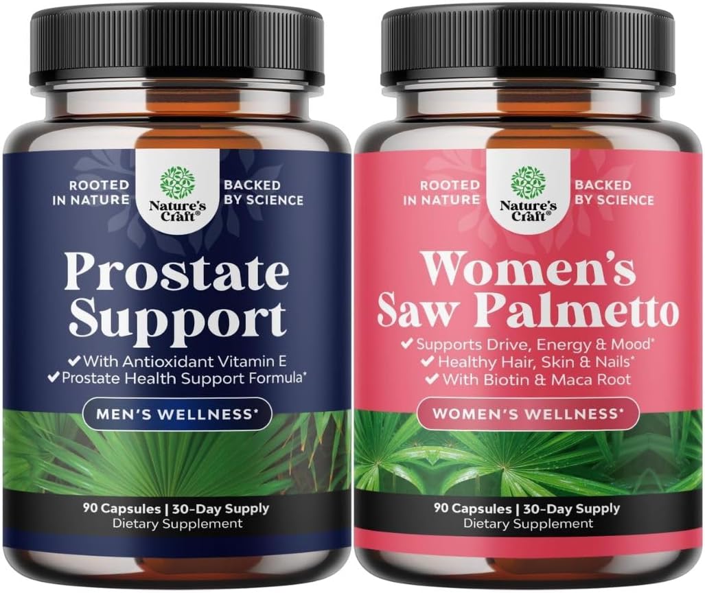 Bundle of Herbal Prostate Supplement for Men - Potent Pygeum Saw Palmetto Extract Beta Sitosterol & Green Tea and Extra Strength Saw Palmetto for Women 500mg - Hair Vitamins for Hair Loss Supplement