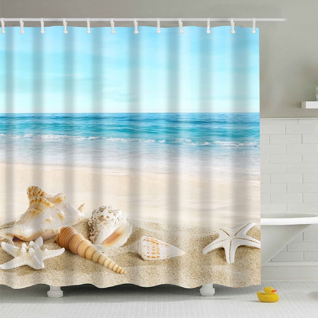 Jibin Bong 72 X 72 Inch Blue Sky Tropical Beach Shower Curtain Starfish Conch Seashell Shower Curtains - Waterproof fabric Polyester Bathroom Decor Ocean Shower Curtain