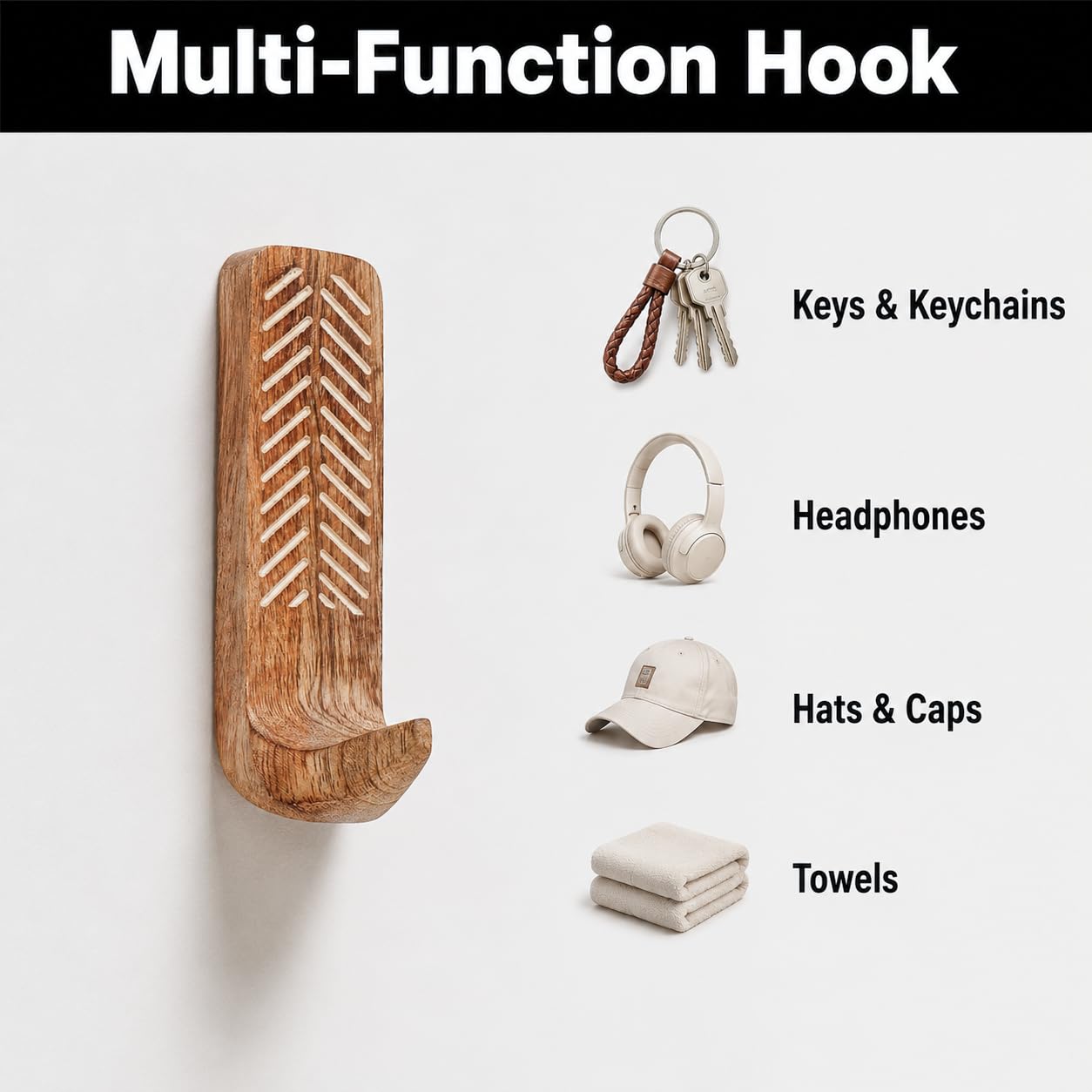 IndianShelf 3 Decorative Boho Wood Adhesive Wall Hooks No Drill Damage Free — Amazon image 5